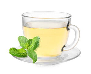 Green tea in glass cup and green leaves isolated on white