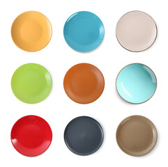 Different clean plates isolated on white, top view