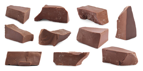 Pieces of tasty chocolate isolated on white, set