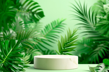 Cylinder podium for product demonstration on green background with nature elements like leaves, plants and flowers