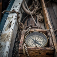 Vintage Nautical Compass in Wooden Boat