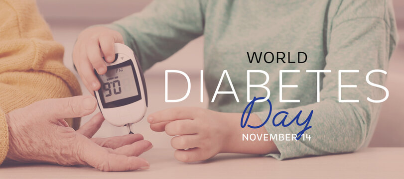 World Diabetes Day. Grandson checking grandmother’s blood sugar level with digital glucometer at table, closeup. Banner design