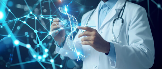 A doctor interacts with a floating DNA helix model, representing genetic research or advanced medical technology