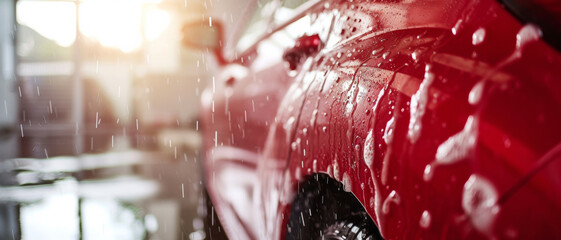 Glistening droplets cascade over a car's vibrant red surface, the sun's rays teasing out a shimmering dance