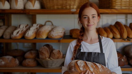 Local baker standing in her shop in front of shelves full of bread, proudly presenting her work. - obrazy, fototapety, plakaty