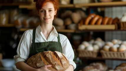 Local baker standing in her shop in front of shelves full of bread, proudly presenting her work. - obrazy, fototapety, plakaty