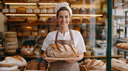 Local baker standing in her shop in front of shelves full of bread, proudly presenting her work.