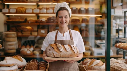 Gartenposter Brot Local baker standing in her shop in front of shelves full of bread, proudly presenting her work.