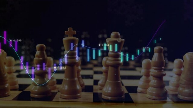 Animation of graphs processing data over chess game on black background