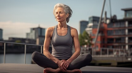 Fototapeta na wymiar Elderly woman in sportswear gracefully practicing yoga outdoors on a sunny morning