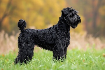 Black Russian Terrier standing in autumn leaves