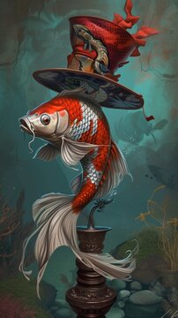 A painting of a fish with a hat on top of it. Surreal illustration with steampunk and wild west elements.