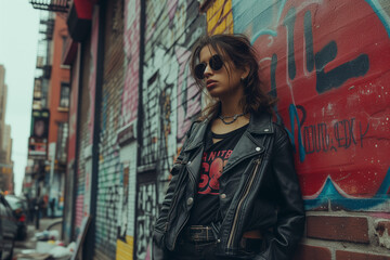 Urban chic woman against graffiti wall perfect for edgy fashion branding and youth culture...