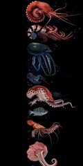 A group of different types of sea creatures. Imitation of vintage zoology book illustrations.