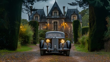 Dark classic car with lights on in front of an old mansion - Generative AI