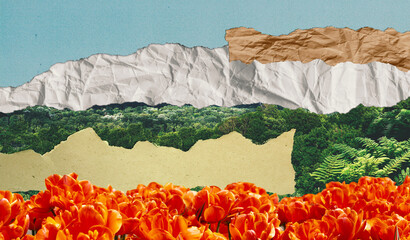 Surreal collage composition made from torn pieces of vintage photo. Tulips floral field, green forest and mountains. Dadaism contemporary art with sustainability concept. Praising the nature.