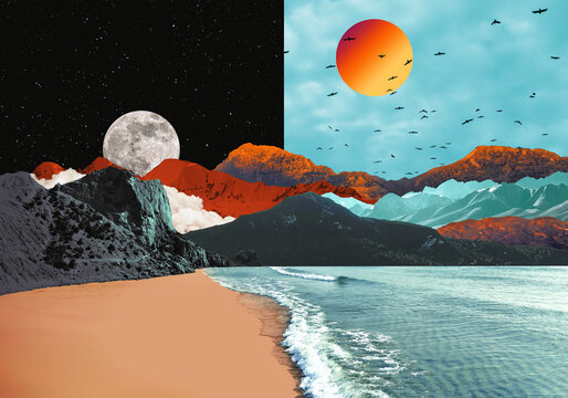 Sci-fi fantasy world with double divided sky and heavenly body. Colorful mountains and ocean shore. Concept of mental health balance. Surreal escapism mood.