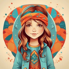 Head of a little red-haired girl in the hippie boho style is the face of a cute character