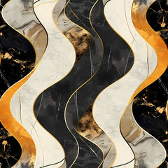 Abstract luxury artistic seamless pattern. Soft geometric waves. Modern art. Marbled black, white and gold abstract background. Texture for print, fabric, textile, wallpaper, interior poster, banner