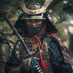 Fototapeta na wymiar Samurai Warrior in Traditional Armor Posing in Natural Setting