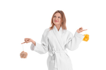 Beautiful young woman in bathrobe and with bast wisps isolated on white