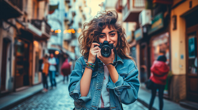 portrait of a young influencer and blogger woman with her camera in a city street with blurred background - content creator concept