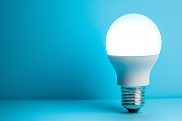 Brightly lit LED bulb, isolated on a sky-blue background.
