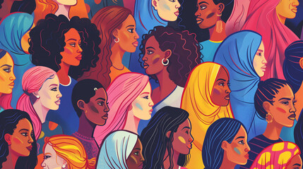 Diverse women's faces in colorful illustration, perfect for social unity campaigns and educational purposes - obrazy, fototapety, plakaty