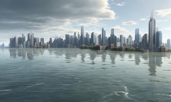 A flooded city depicting sea level rise due to climate change. environment. Earth. serious. Image generation AI
