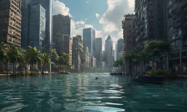 A flooded city depicting sea level rise due to climate change. environment. Earth. serious. Image generation AI
