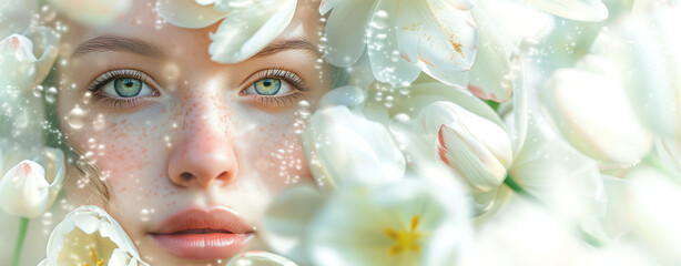 woman portrait, close-up, various white Tulips, multiple exposure effect