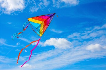 Colorful kite flying high, against a backdrop of blue sky and fluffy clouds