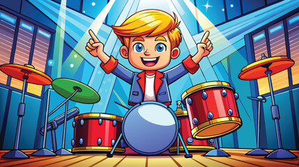 Excited Young Drummer at Concert Stage Spotlight