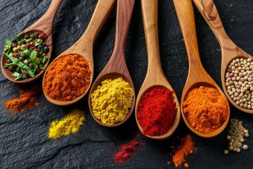 Colorful spices in wooden spoons on a dark background
