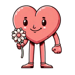 A cute cartoon illustration of a red heart has human arms and legs. holding flowers with one hand. cartoon illustration on a white background.