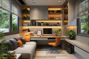 A compact home office in a studio apartment, utilizing space-saving furniture and smart storage. Concept of efficiency in small-space home office design. Generative Ai.