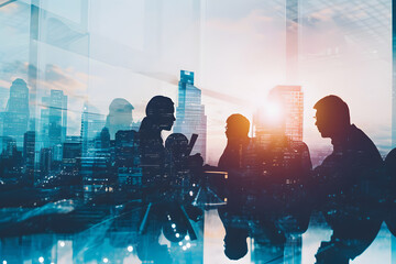 Business people together in group on background of city view with office building