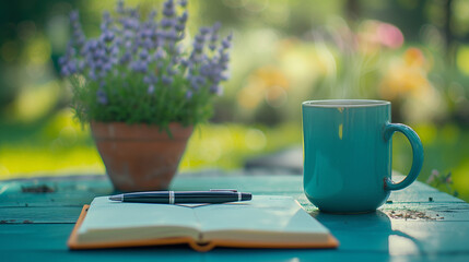 A notebook, pen, and blue mug on a teal table with a potted lavender in a sunny garden