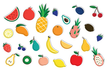 A set of different fruits, apple, orange, mango, pineapple, pear, banana, kiwi and others. Healthy way of eating, practical diet during sports, fruits on white background.