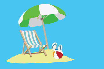 Beach chair on sand, slippers, ball and green and white umbrella, vector illustration on blue background. Travel concept and vacation at the sea.