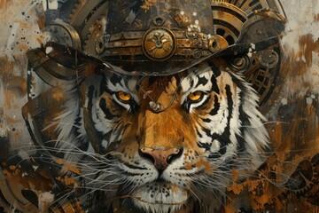 A painting of a tiger wearing a helmet. Surreal illustration with steampunk and wild west elements.