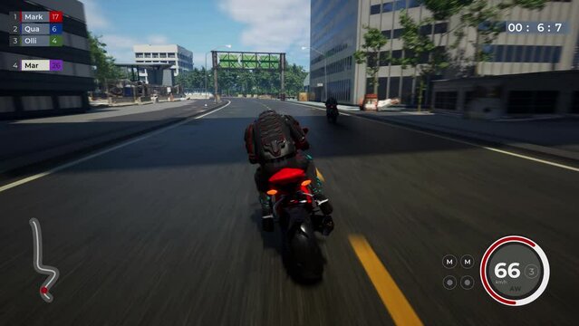 Bikers battling on the street racing track in the virtual computer simulator. BIkers rushing to the finish on the digital city racing track. Biker player defeated in the racing track mission.