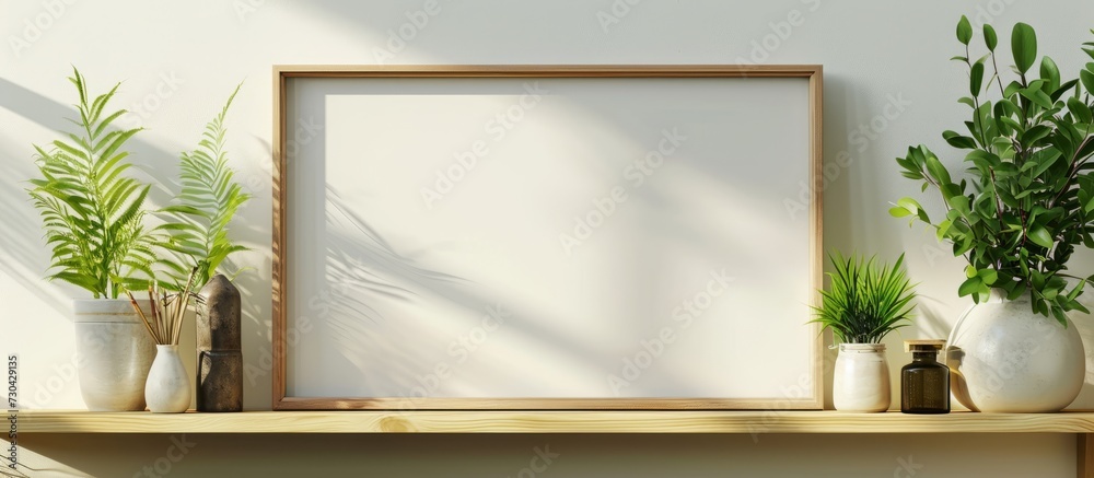 Poster wooden shelf displaying a blank frame with minimal bohemian style.