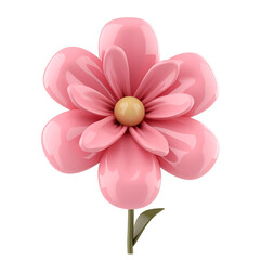 Simple 3D Cartoon Render of a Beautiful Pink Flower Icon Design, Isolated on Transparent Background, PNG