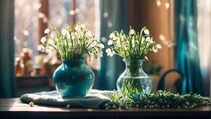 Vase with snowdrops in the room floral