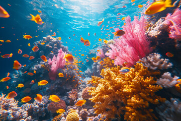 Naklejka na ściany i meble An underwater video of coral reefs teeming with colorful marine life, showcasing ocean biodiversity. Concept of exploring underwater ecosystems. Generative Ai.