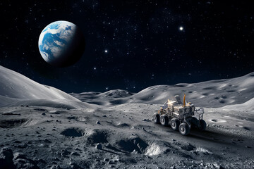 Lunar rover on moon surface with Earth in background - obrazy, fototapety, plakaty