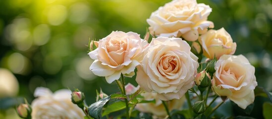 'Rosa 'Elina' is a hybrid tea rose that displays cream-colored flowers in July, within Berlin's park.'