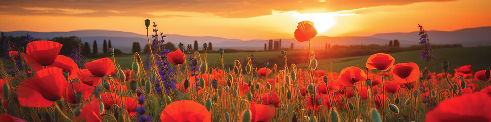 banner of a poppy field in sunset - obrazy, fototapety, plakaty