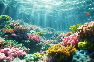 Fototapeten A digital animation depicting the bustling activity of a coral reef. Concept of marine life's diversity and vibrancy. Generative Ai. © Sebastian